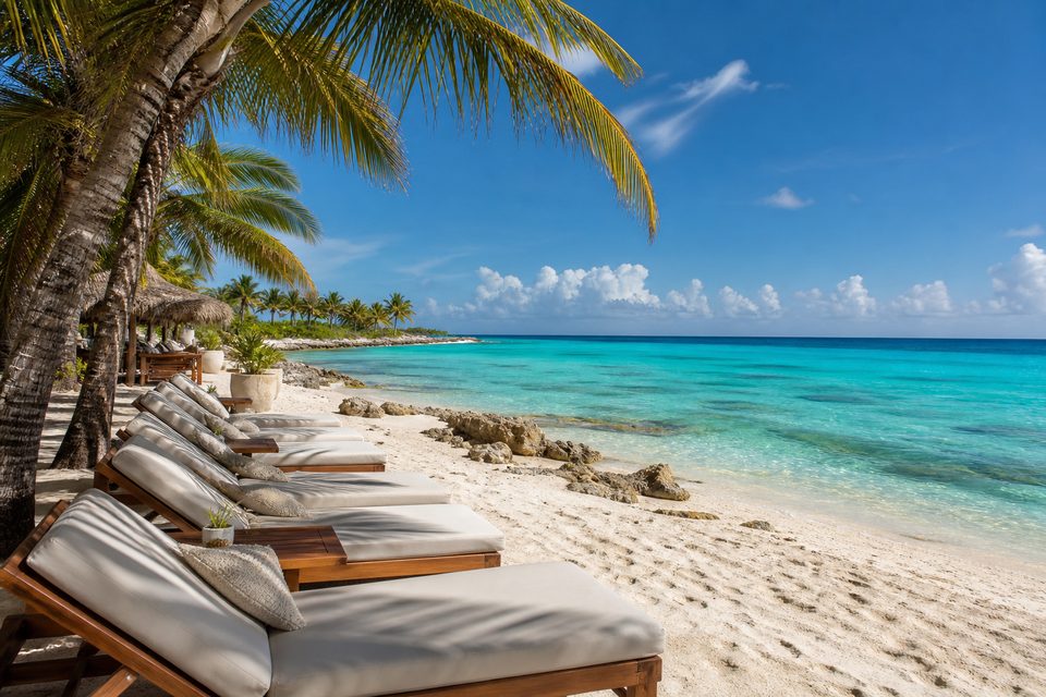 Playa azul y club de playa frente al mar en Cozumel