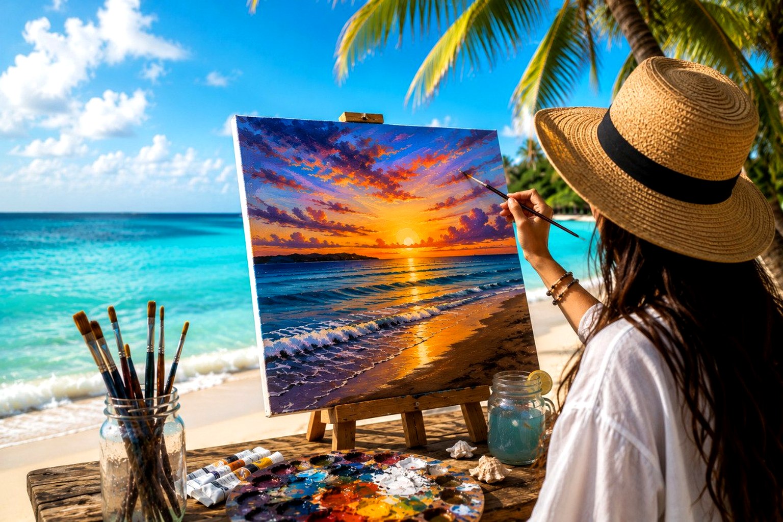Clase de pintura para principiantes en Cozumel frente al mar con materiales profesionales