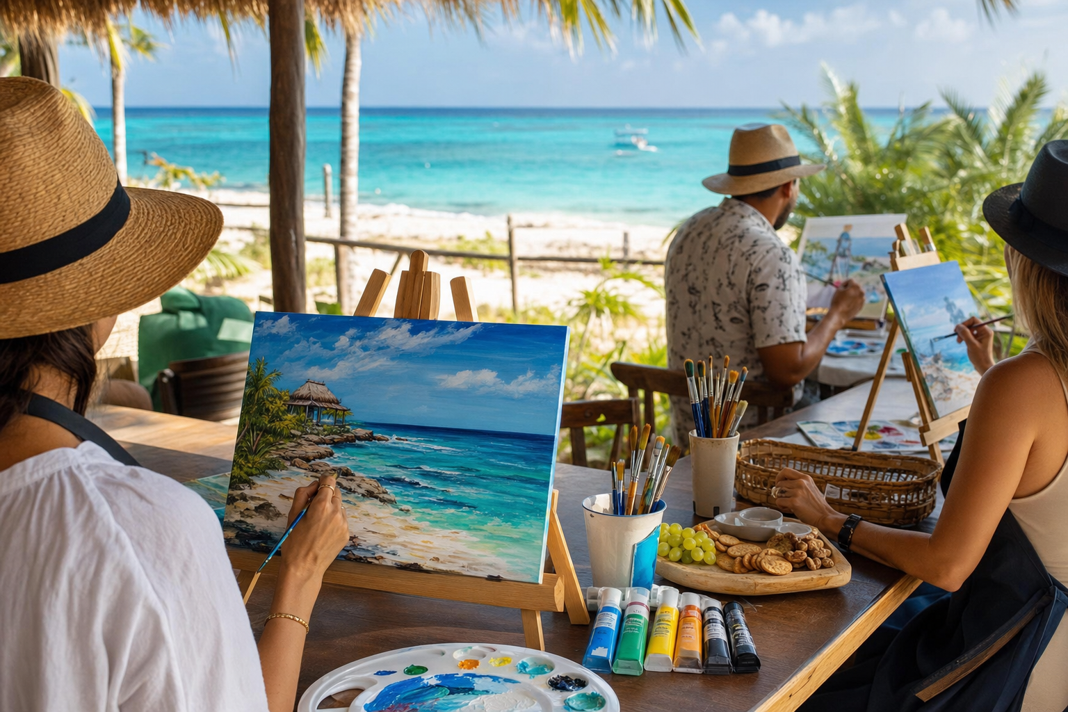 Clase de pintura para principiantes en Cozumel frente al mar con botana y materiales profesionales